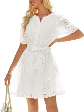 GRACE KARIN Womens Eyelet Vacation Dress Summer Casual A-line Mini Sundress Puff Sleeve Tie V Neck Ruffle Short Beach Dress