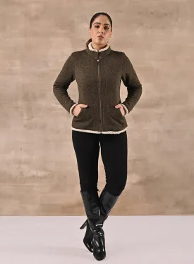 Cozy Green High-neck Fleece Jacket with Zipper and Pockets