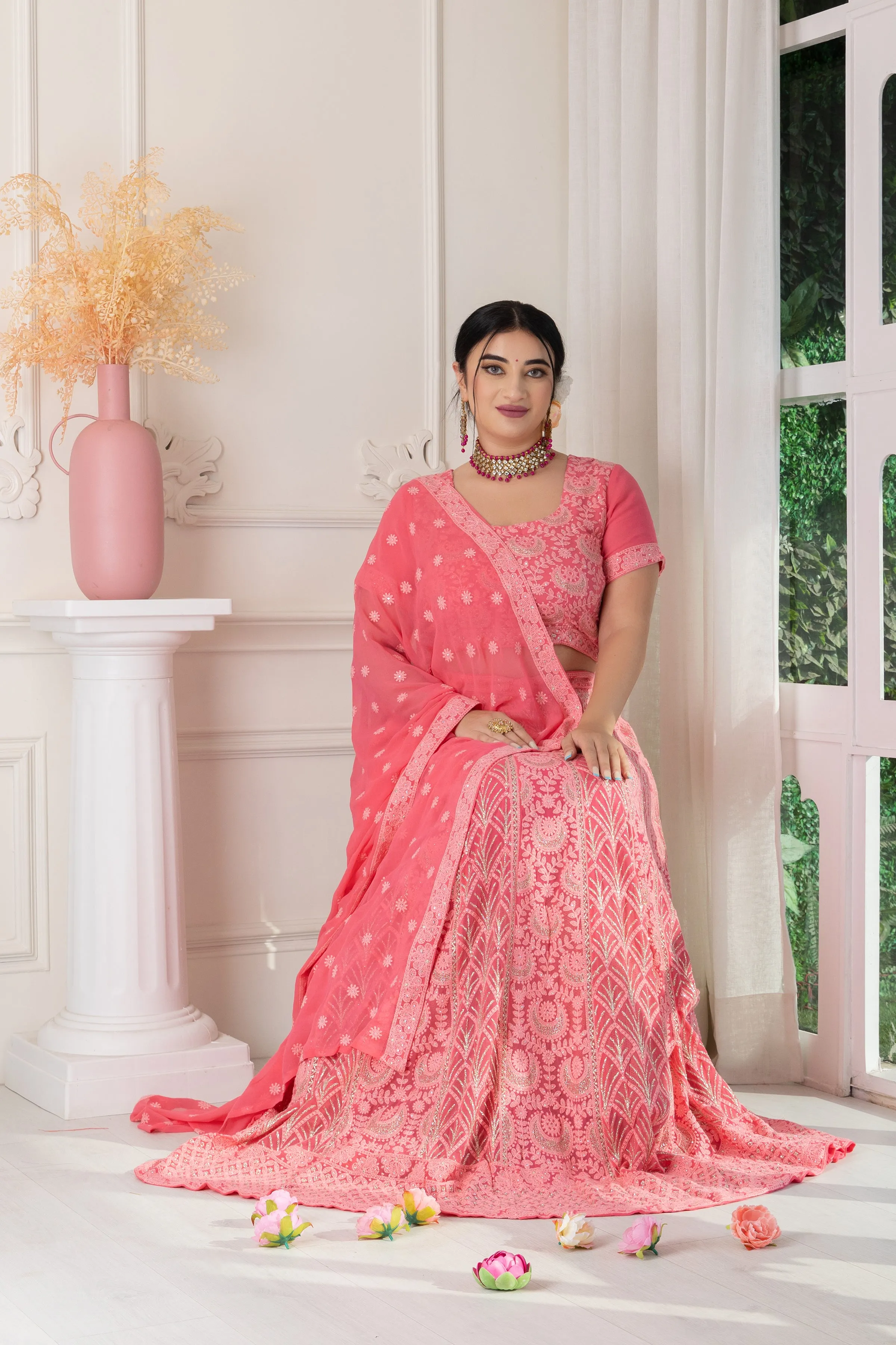 Gulabi Mehak Lucknowi Woven Lehenga