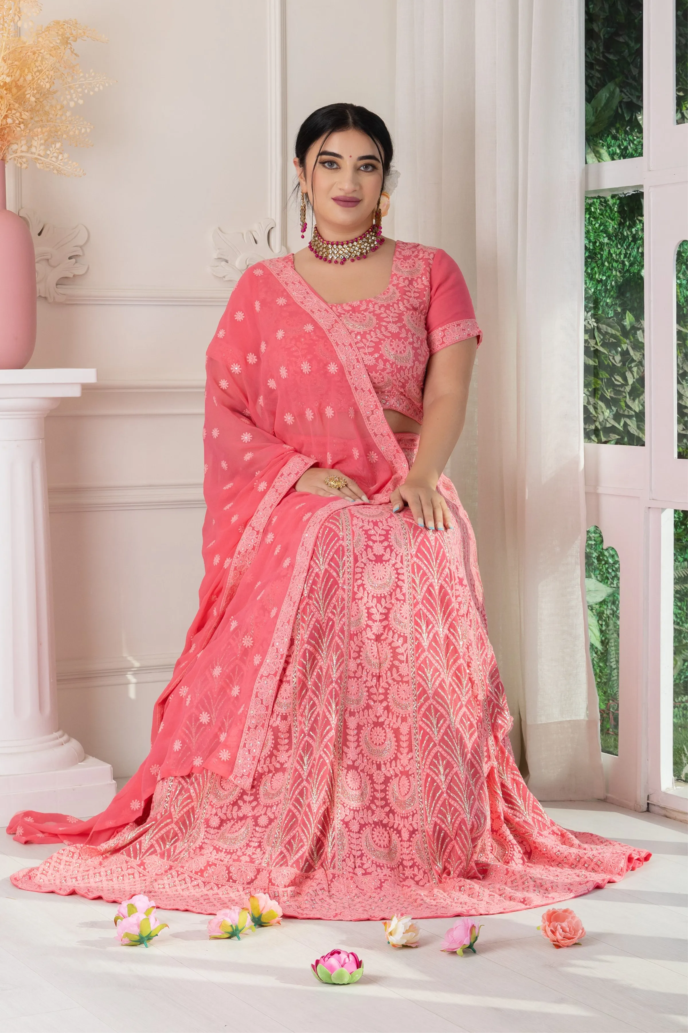 Gulabi Mehak Lucknowi Woven Lehenga