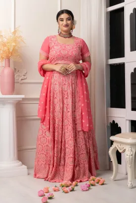 Gulabi Mehak Lucknowi Woven Lehenga