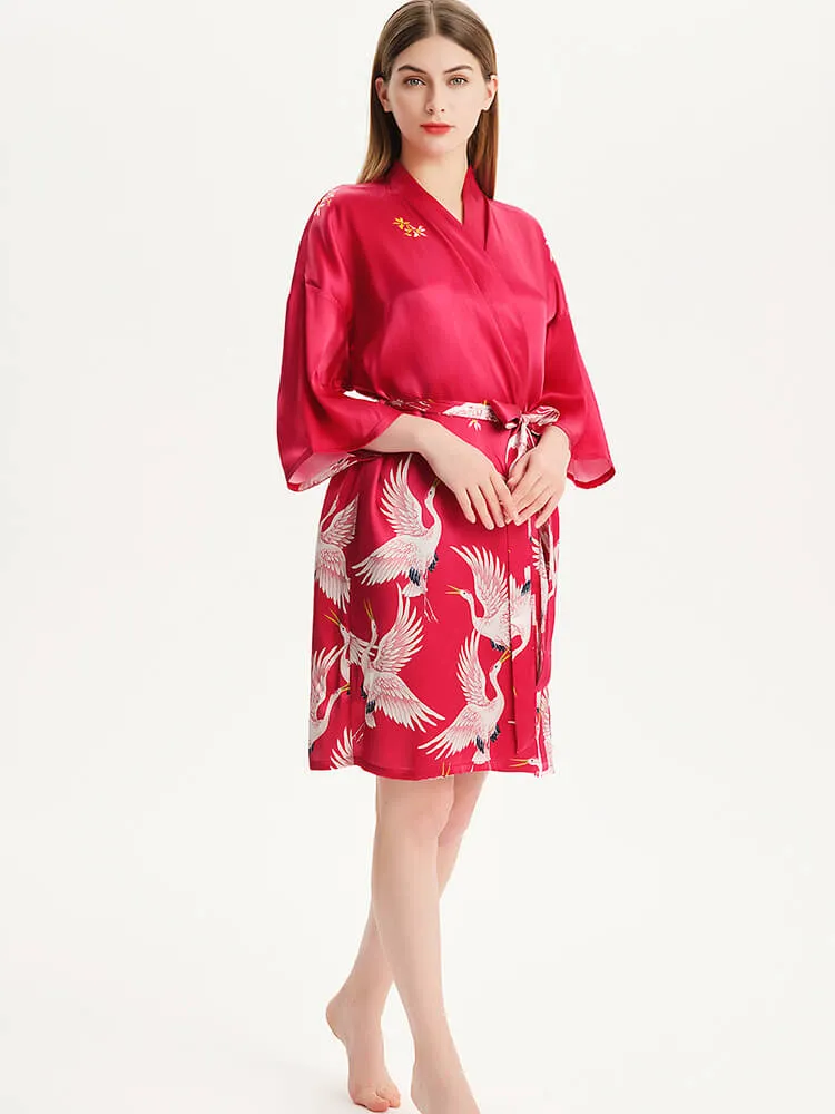 Hand Painted Red Crane Short Silk Kimono Robe