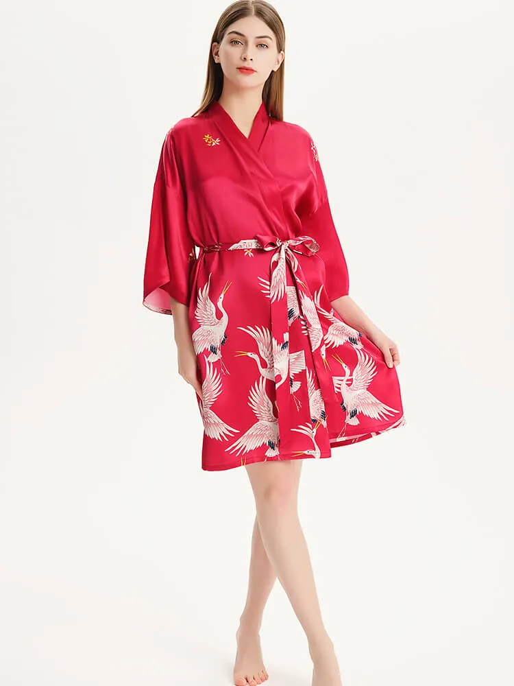 Hand Painted Red Crane Short Silk Kimono Robe