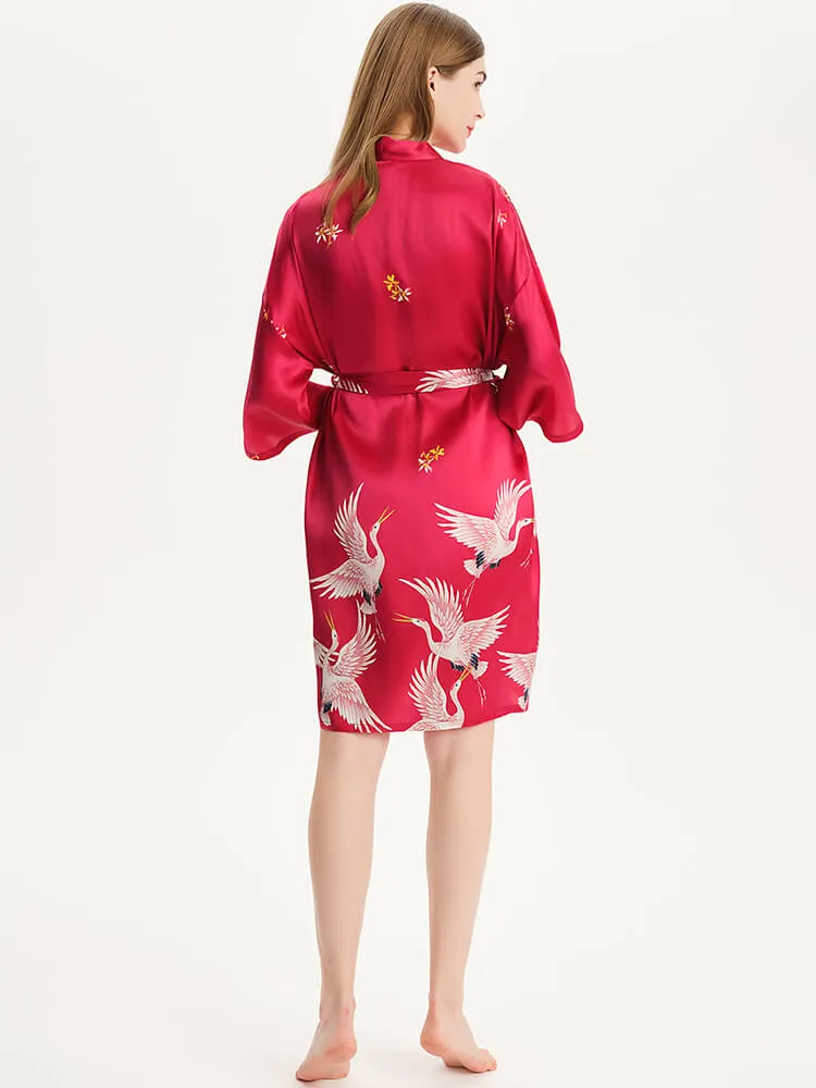 Hand Painted Red Crane Short Silk Kimono Robe