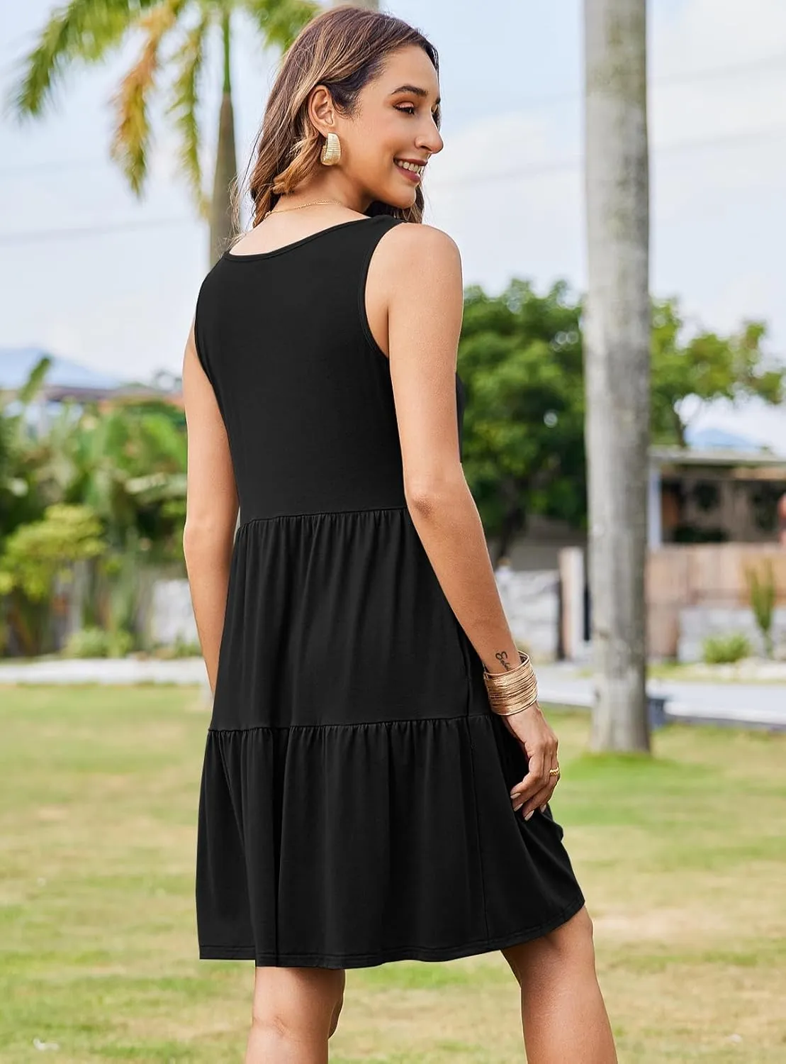 Hount Womens Summer Casual Dresses 2025 V Neck Sleeveless Beach Sundresses Flowy Tiered Tank T Shirt Dress with Pockets