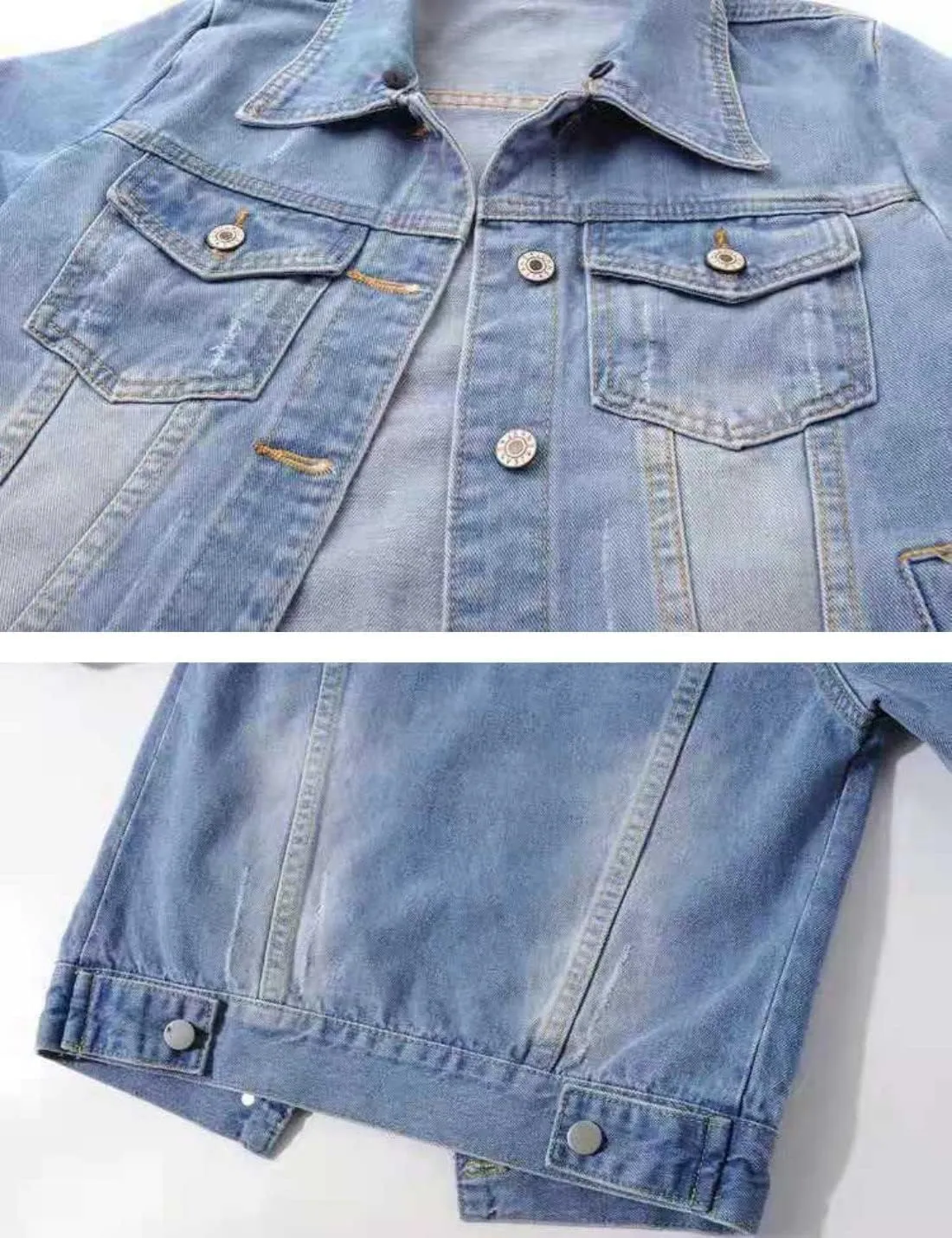 Huang's Women's Classical 3/4 Short Sleeves Button Front Light Wash Denim Jacket