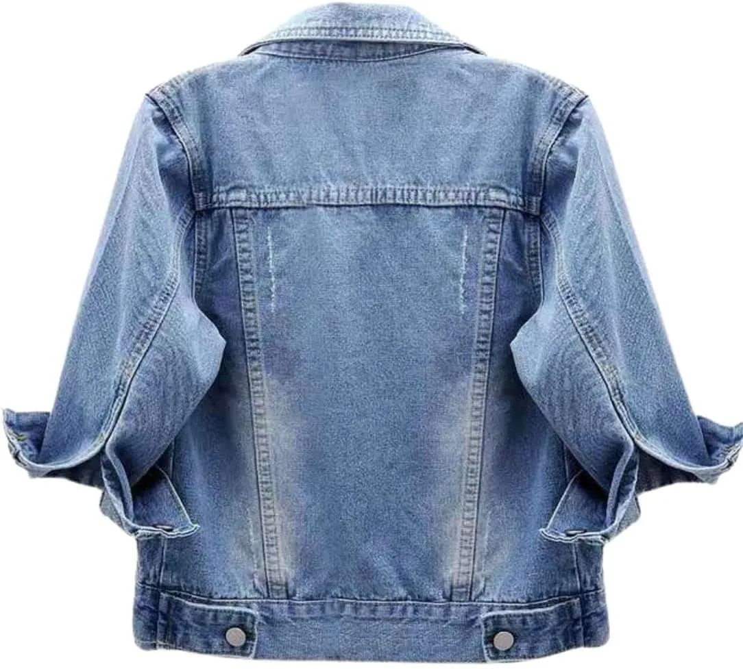 Huang's Women's Classical 3/4 Short Sleeves Button Front Light Wash Denim Jacket