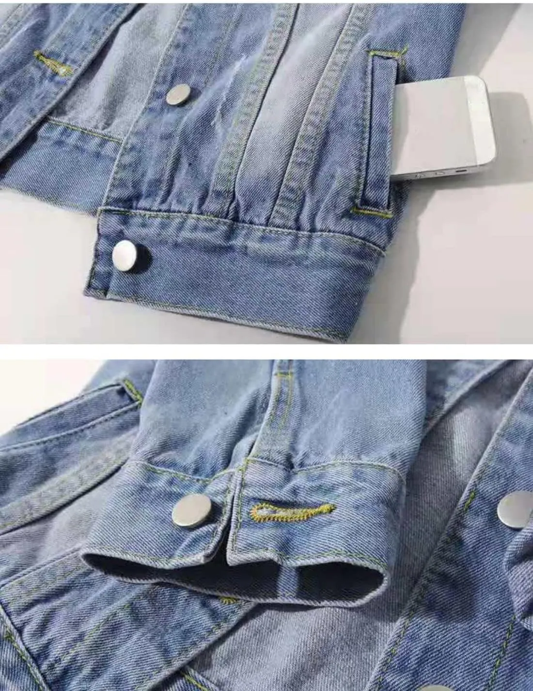 Huang's Women's Classical 3/4 Short Sleeves Button Front Light Wash Denim Jacket