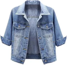 Huang's Women's Classical 3/4 Short Sleeves Button Front Light Wash Denim Jacket