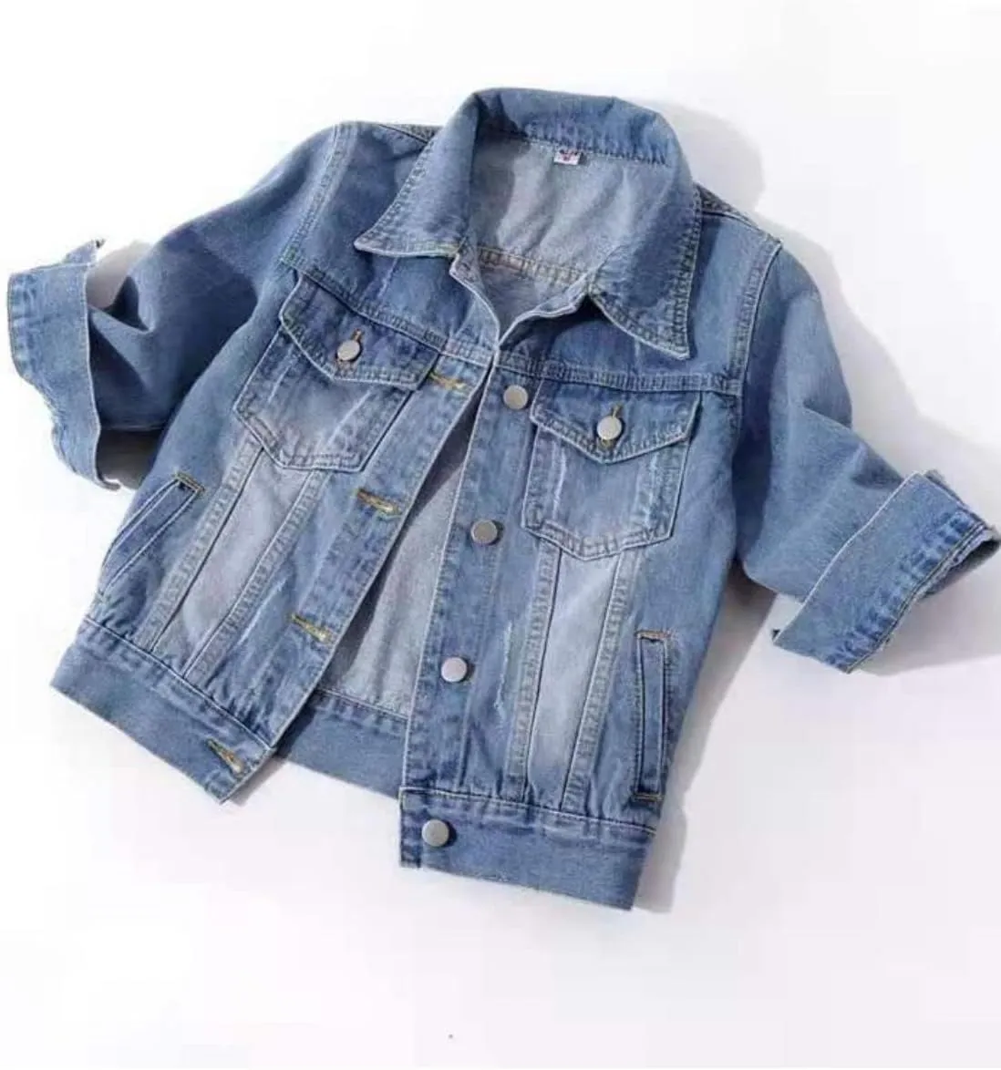 Huang's Women's Classical 3/4 Short Sleeves Button Front Light Wash Denim Jacket