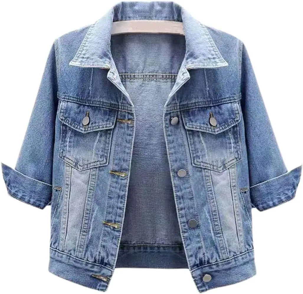 Huang's Women's Classical 3/4 Short Sleeves Button Front Light Wash Denim Jacket