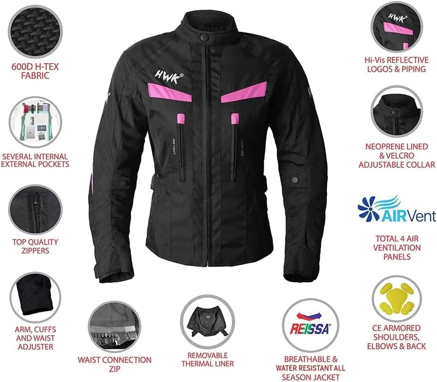 HWK Stunt Motorcycle Jacket for Women, Women's Motorcycle Jacket with CE Armor for Enduro Motorbike Riding, Easy-Adjust Water Resistant Textile Biker Jacket with Thermal Lining - Pink, Medium