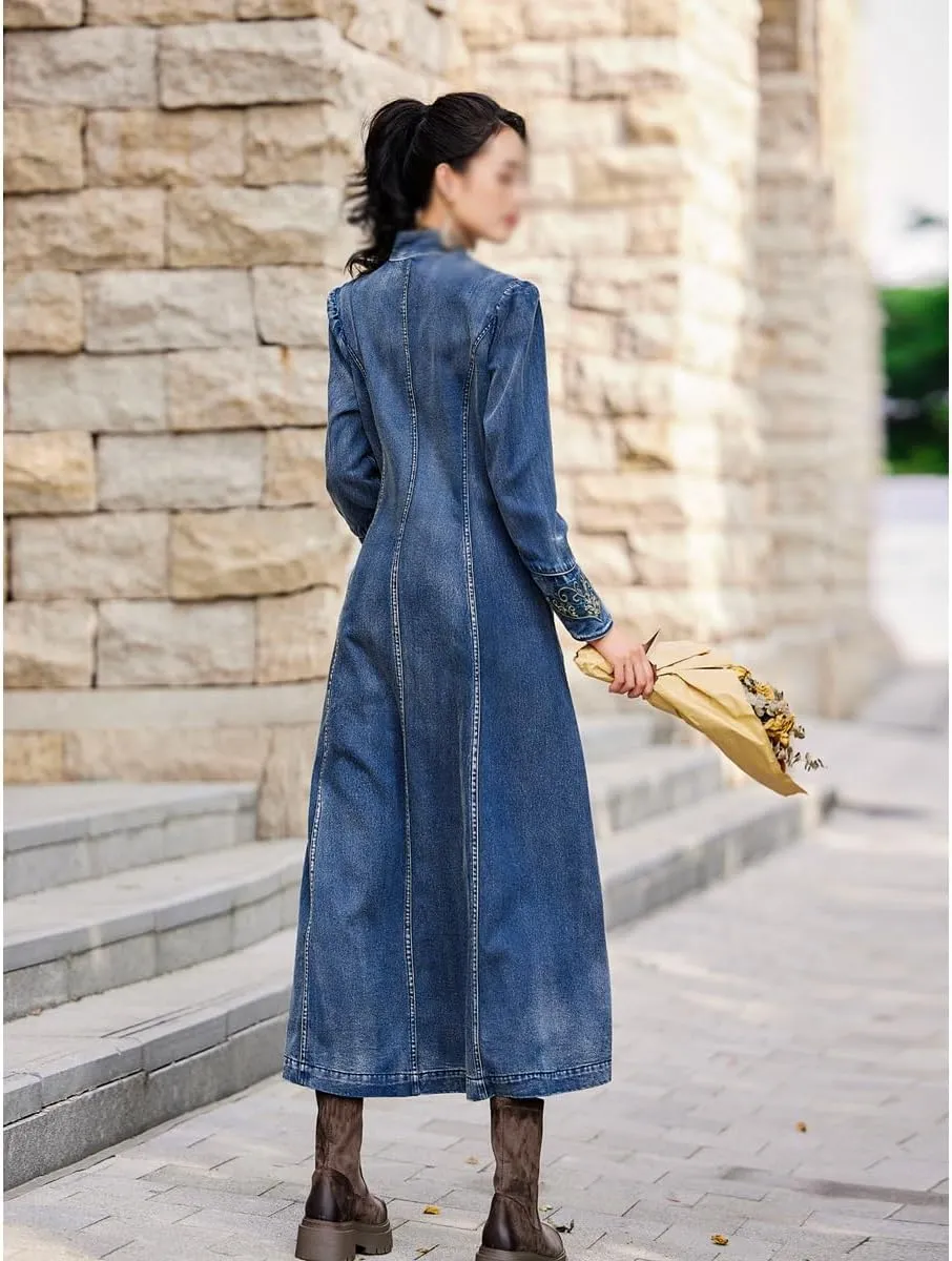 JSEIAJB Winter Retro Embroidered V-Neck Denim Jacket with Handcrafted Button Loose Cardigan Coat for Women