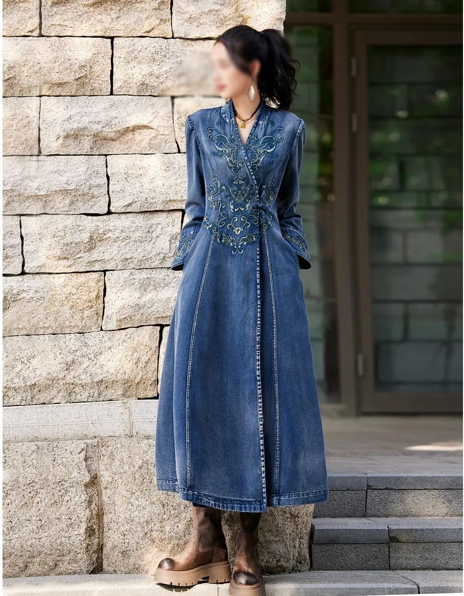 JSEIAJB Winter Retro Embroidered V-Neck Denim Jacket with Handcrafted Button Loose Cardigan Coat for Women