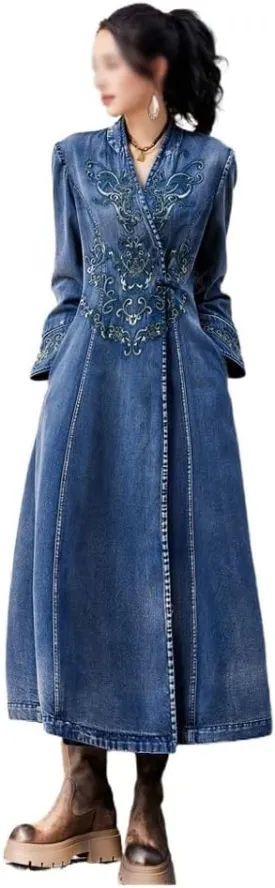 JSEIAJB Winter Retro Embroidered V-Neck Denim Jacket with Handcrafted Button Loose Cardigan Coat for Women