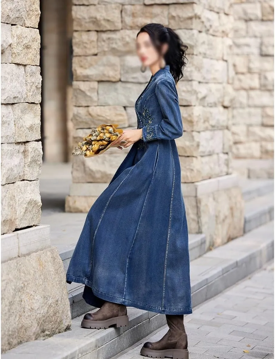 JSEIAJB Winter Retro Embroidered V-Neck Denim Jacket with Handcrafted Button Loose Cardigan Coat for Women