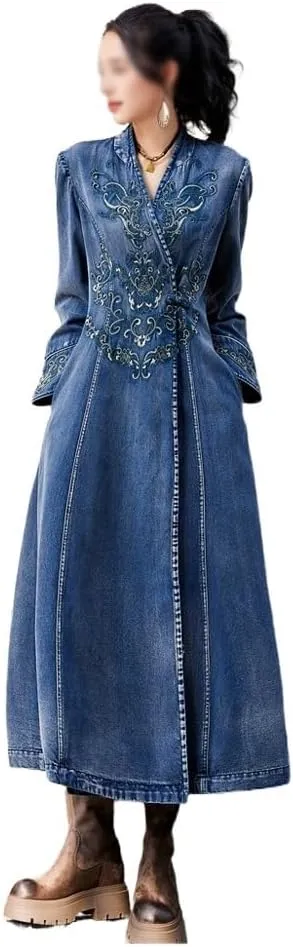 JSEIAJB Winter Retro Embroidered V-Neck Denim Jacket with Handcrafted Button Loose Cardigan Coat for Women