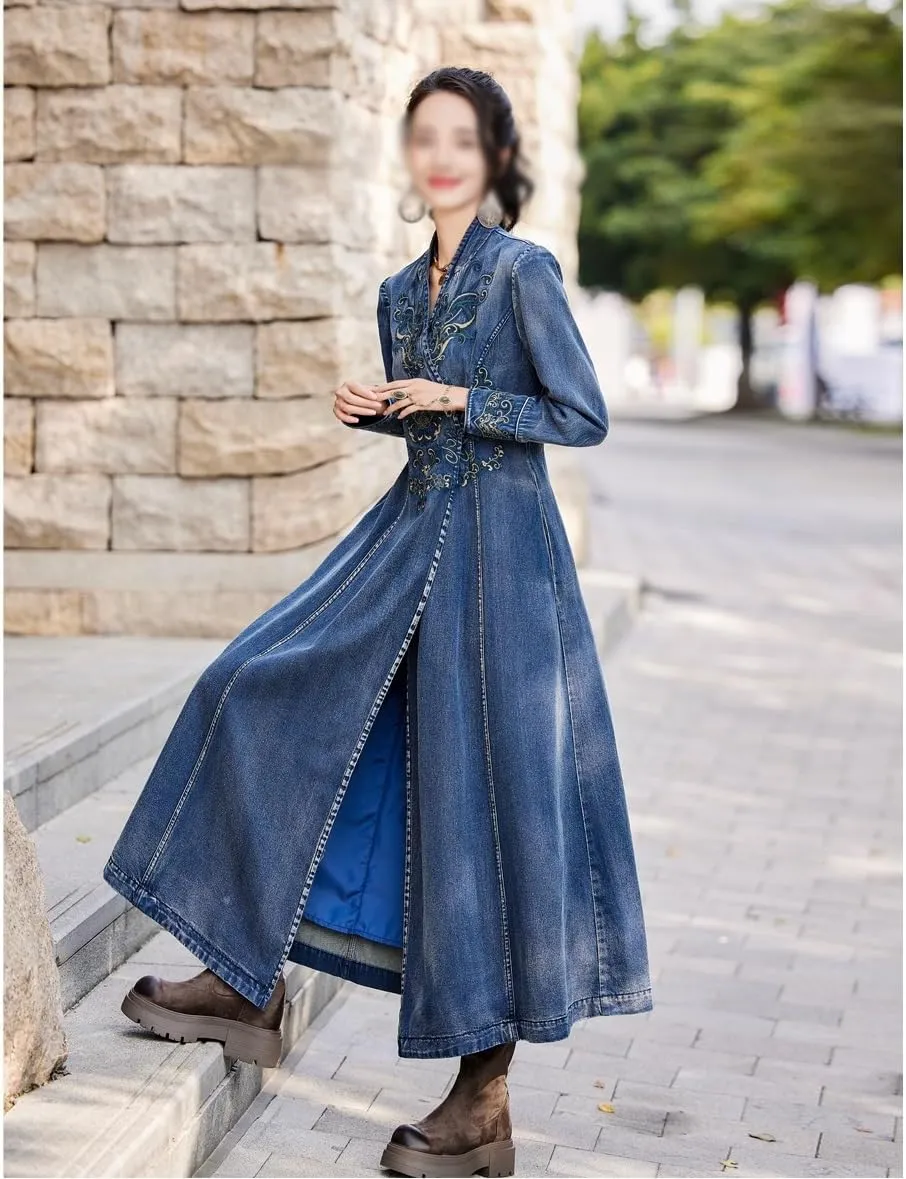 JSEIAJB Winter Retro Embroidered V-Neck Denim Jacket with Handcrafted Button Loose Cardigan Coat for Women