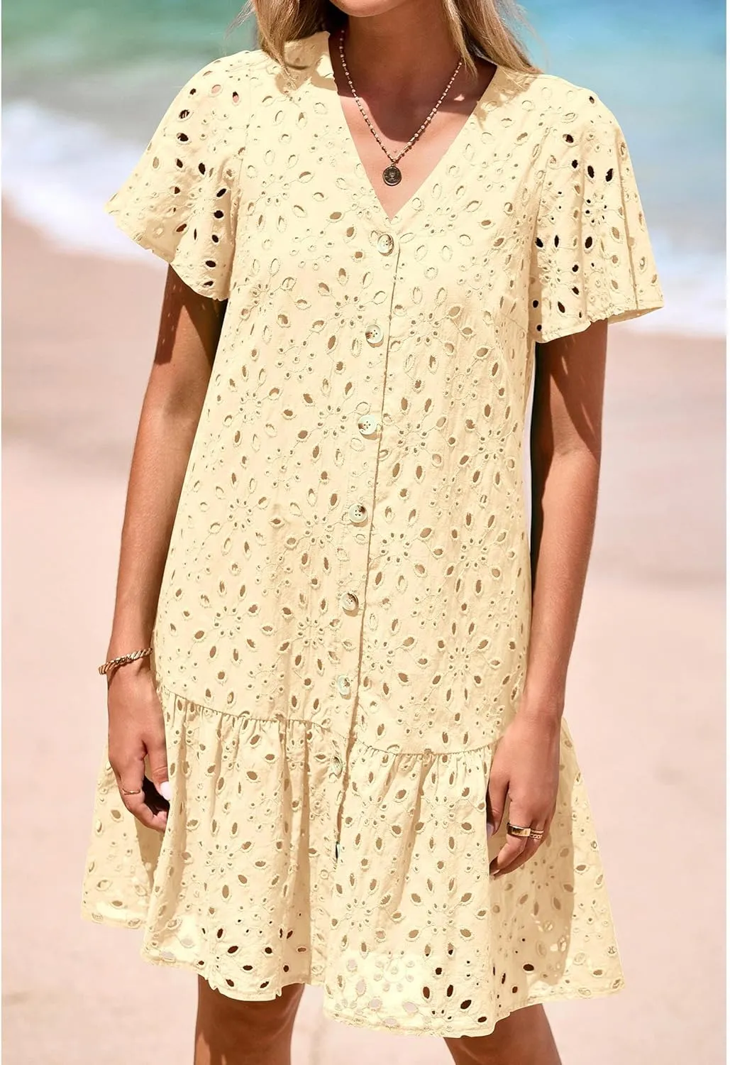 KIRUNDO Summer Dresses for Women 2025 Button Down V Neck Short Sleeve Hollow Out Lace A Line Casual Mini Babydoll Dress