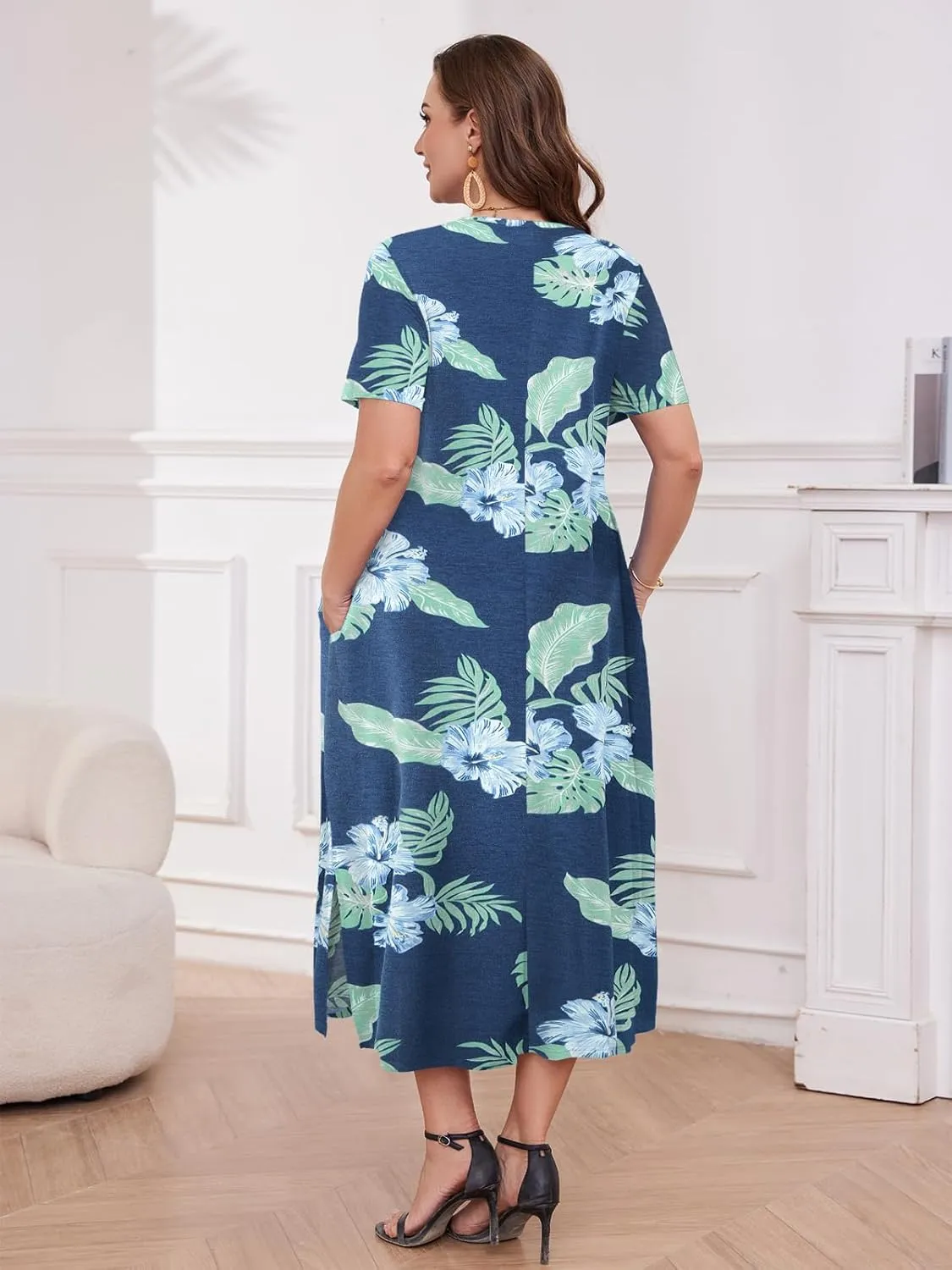 LARACE Plus Size Maxi Dress for Womens Summer Short Sleeve T Shirt Dress with Pockets Loose Fit Casual Sundresses with Slit