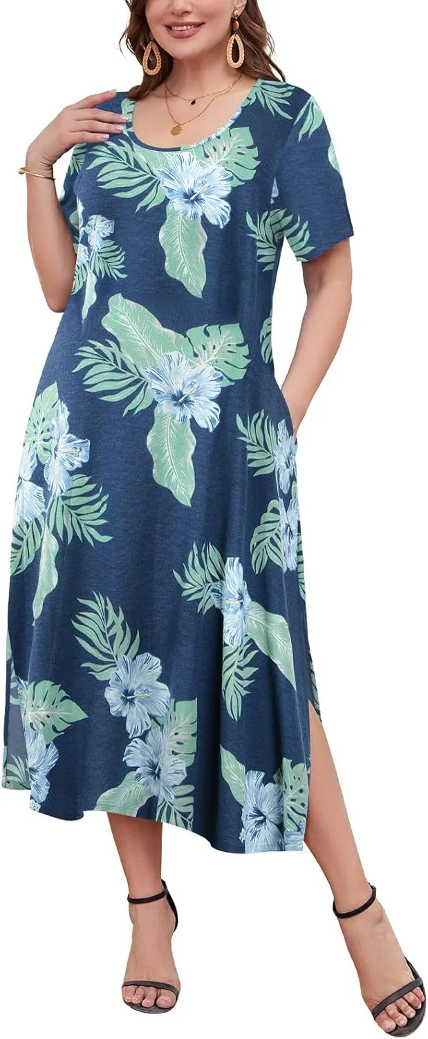 LARACE Plus Size Maxi Dress for Womens Summer Short Sleeve T Shirt Dress with Pockets Loose Fit Casual Sundresses with Slit