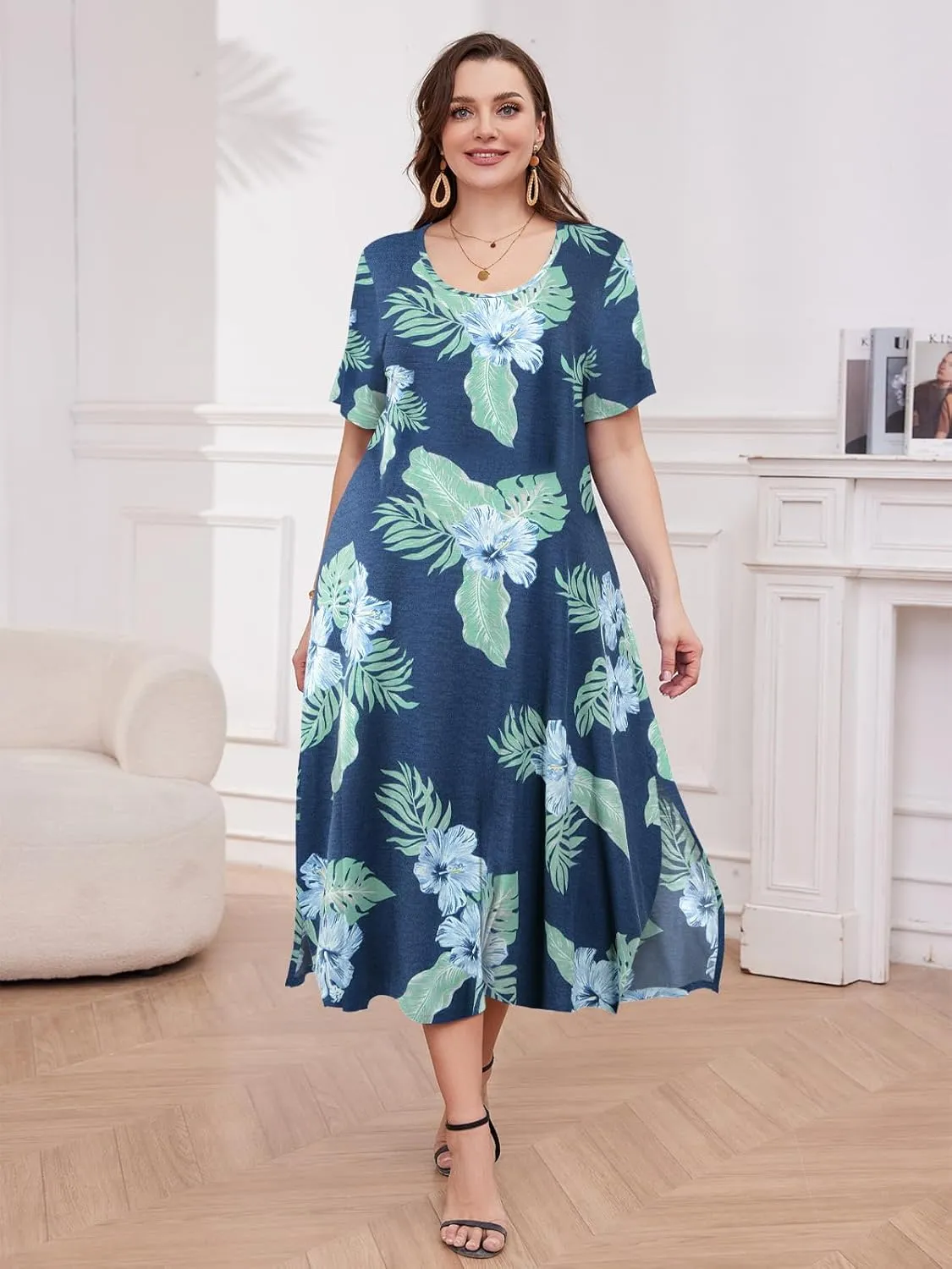 LARACE Plus Size Maxi Dress for Womens Summer Short Sleeve T Shirt Dress with Pockets Loose Fit Casual Sundresses with Slit