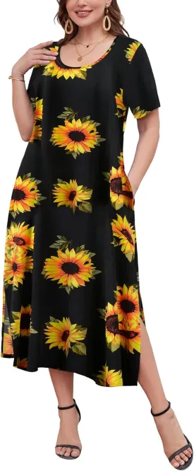 LARACE Plus Size Maxi Dress for Womens Summer Short Sleeve T Shirt Dress with Pockets Loose Fit Casual Sundresses with Slit