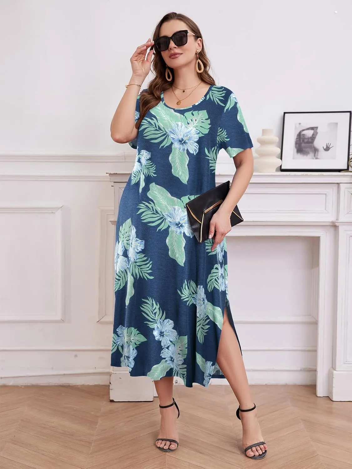 LARACE Plus Size Maxi Dress for Womens Summer Short Sleeve T Shirt Dress with Pockets Loose Fit Casual Sundresses with Slit