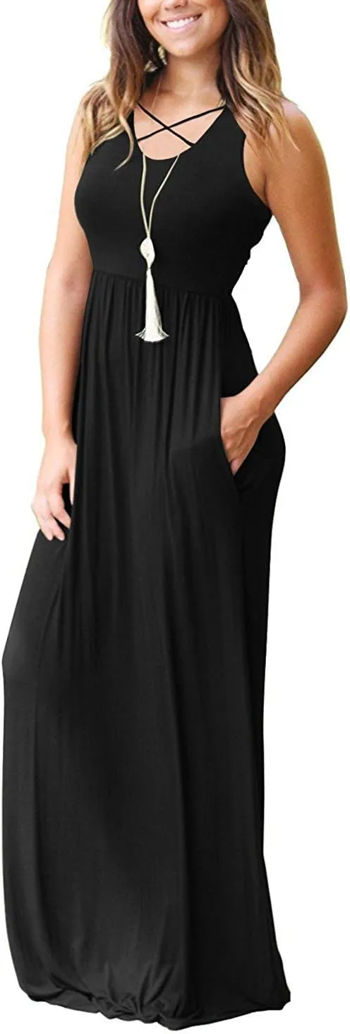 LILBETTER Women's Sleeveless Racerback Loose Plain Maxi Dresses Casual Long Dresses with Pockets