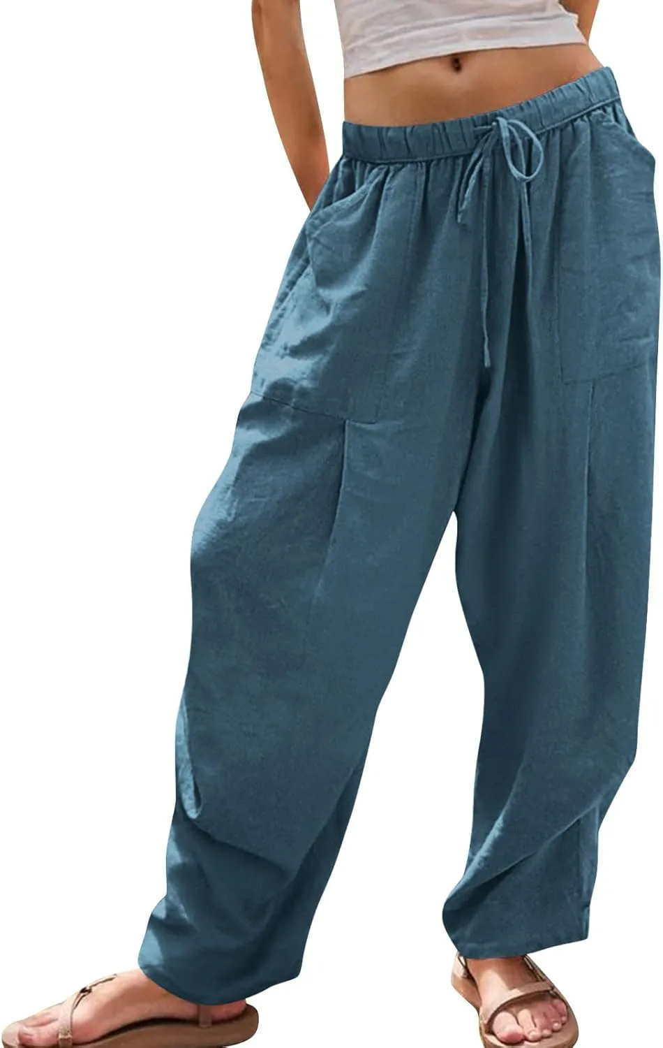 Linen Pants Women Casual Loose Elastic Waist Trousers Summer Lightweight Wide Leg Palazzo Pant Summer Outfits 2025