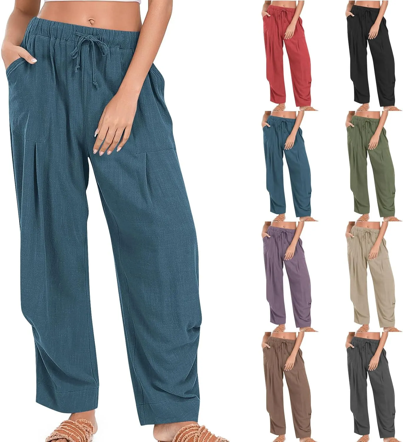 Linen Pants Women Casual Loose Elastic Waist Trousers Summer Lightweight Wide Leg Palazzo Pant Summer Outfits 2025