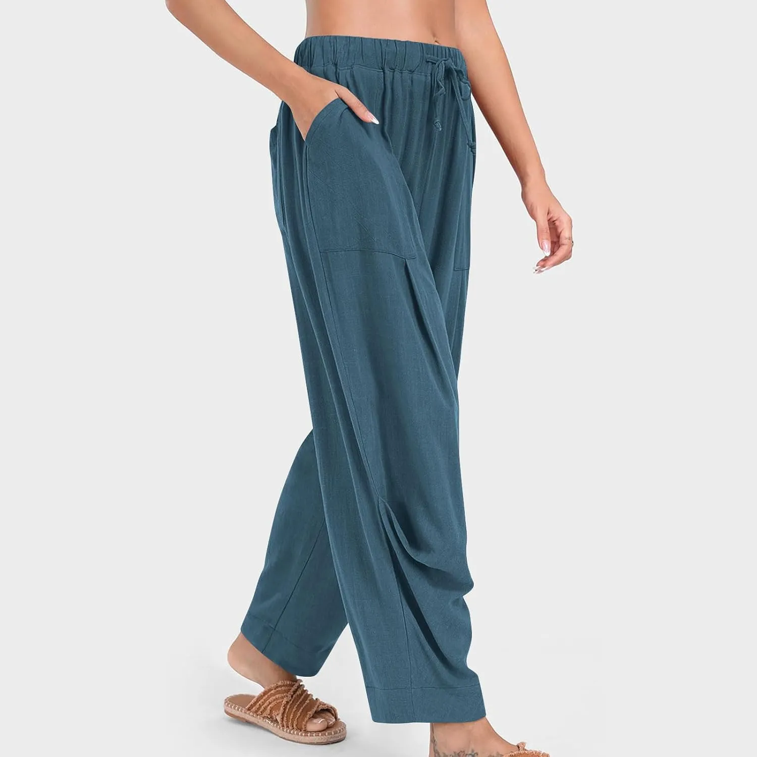 Linen Pants Women Casual Loose Elastic Waist Trousers Summer Lightweight Wide Leg Palazzo Pant Summer Outfits 2025