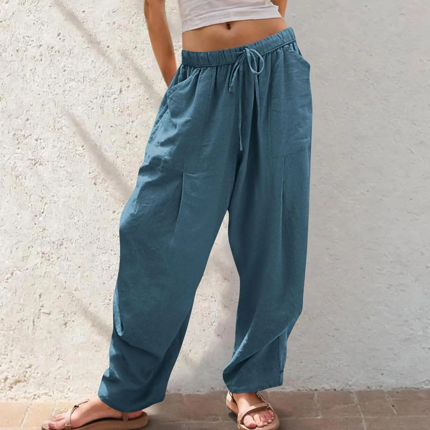 Linen Pants Women Casual Loose Elastic Waist Trousers Summer Lightweight Wide Leg Palazzo Pant Summer Outfits 2025
