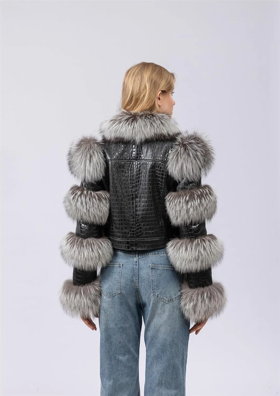 LVCOMEFF Women Sheep Leather Cropped Jacket Bolero Top Coat Motorcycle Jacket With Fox Fur Layer Long Sleeve Python Pattern