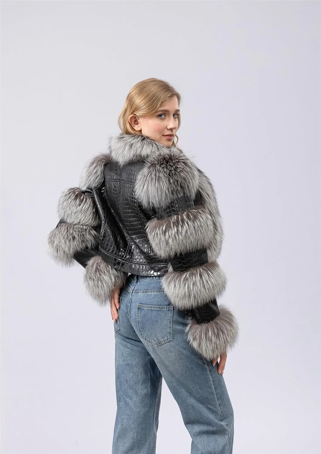 LVCOMEFF Women Sheep Leather Cropped Jacket Bolero Top Coat Motorcycle Jacket With Fox Fur Layer Long Sleeve Python Pattern