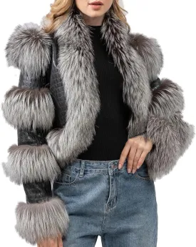 LVCOMEFF Women Sheep Leather Cropped Jacket Bolero Top Coat Motorcycle Jacket With Fox Fur Layer Long Sleeve Python Pattern