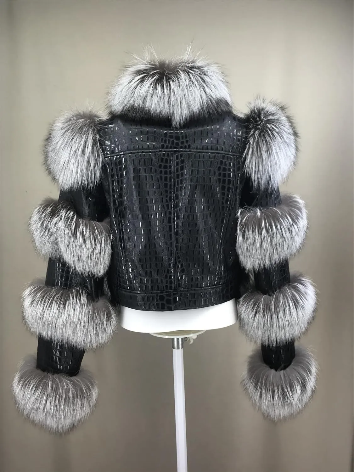 LVCOMEFF Women Sheep Leather Cropped Jacket Bolero Top Coat Motorcycle Jacket With Fox Fur Layer Long Sleeve Python Pattern