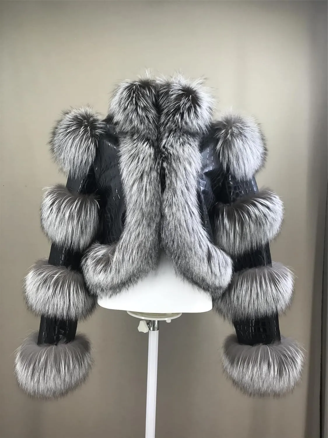 LVCOMEFF Women Sheep Leather Cropped Jacket Bolero Top Coat Motorcycle Jacket With Fox Fur Layer Long Sleeve Python Pattern