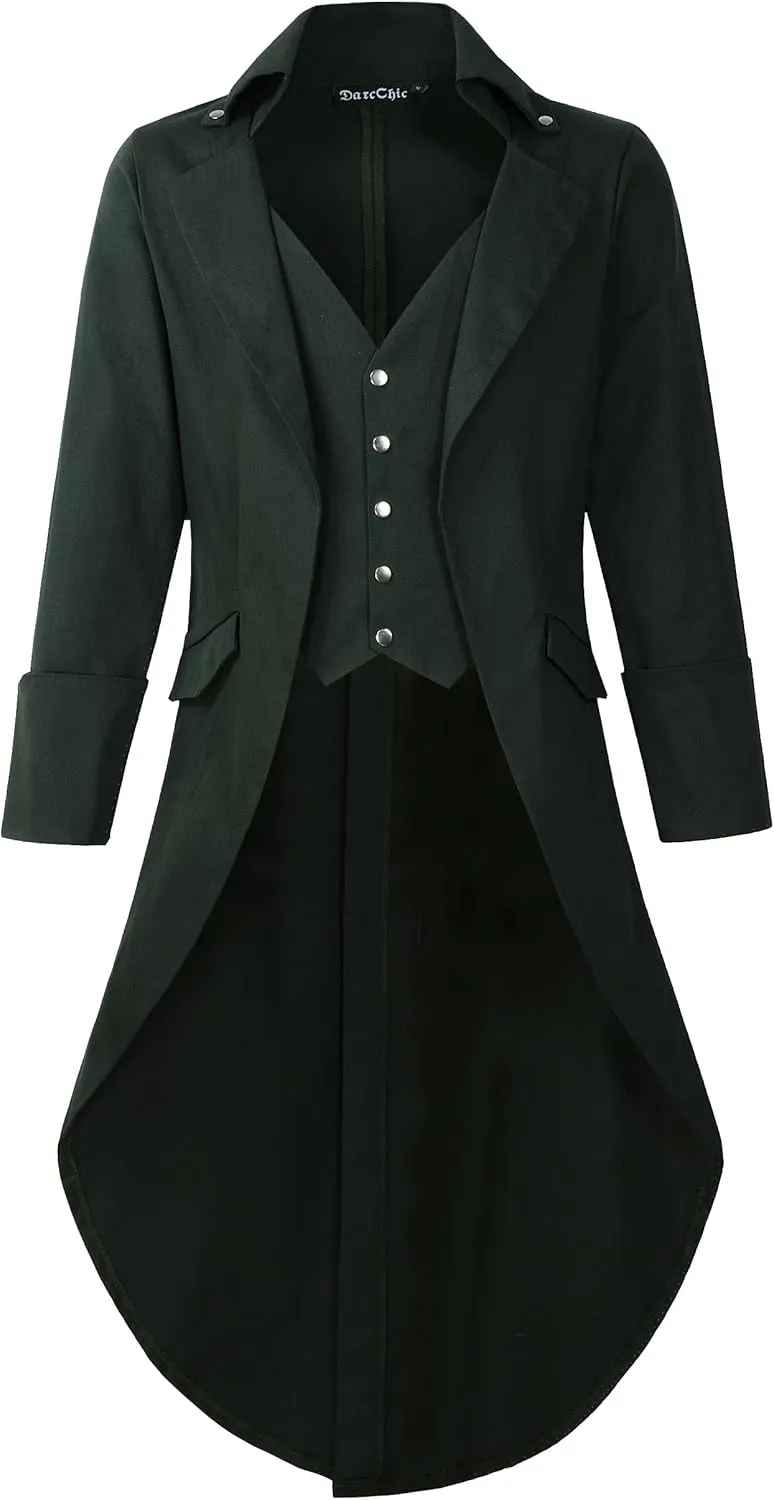 Mens Gothic Tailcoat Jacket Black Steampunk VTG Victorian High Collar Coat