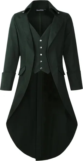 Mens Gothic Tailcoat Jacket Black Steampunk VTG Victorian High Collar Coat