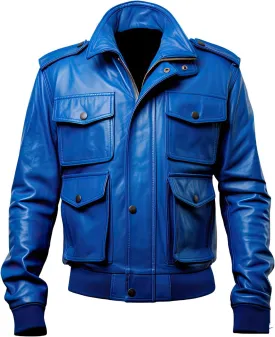 Men's Royal Blue Genuine Sheepskin Bomber Jacket - Classy Military Style with Shirt Collar and Rib Knit