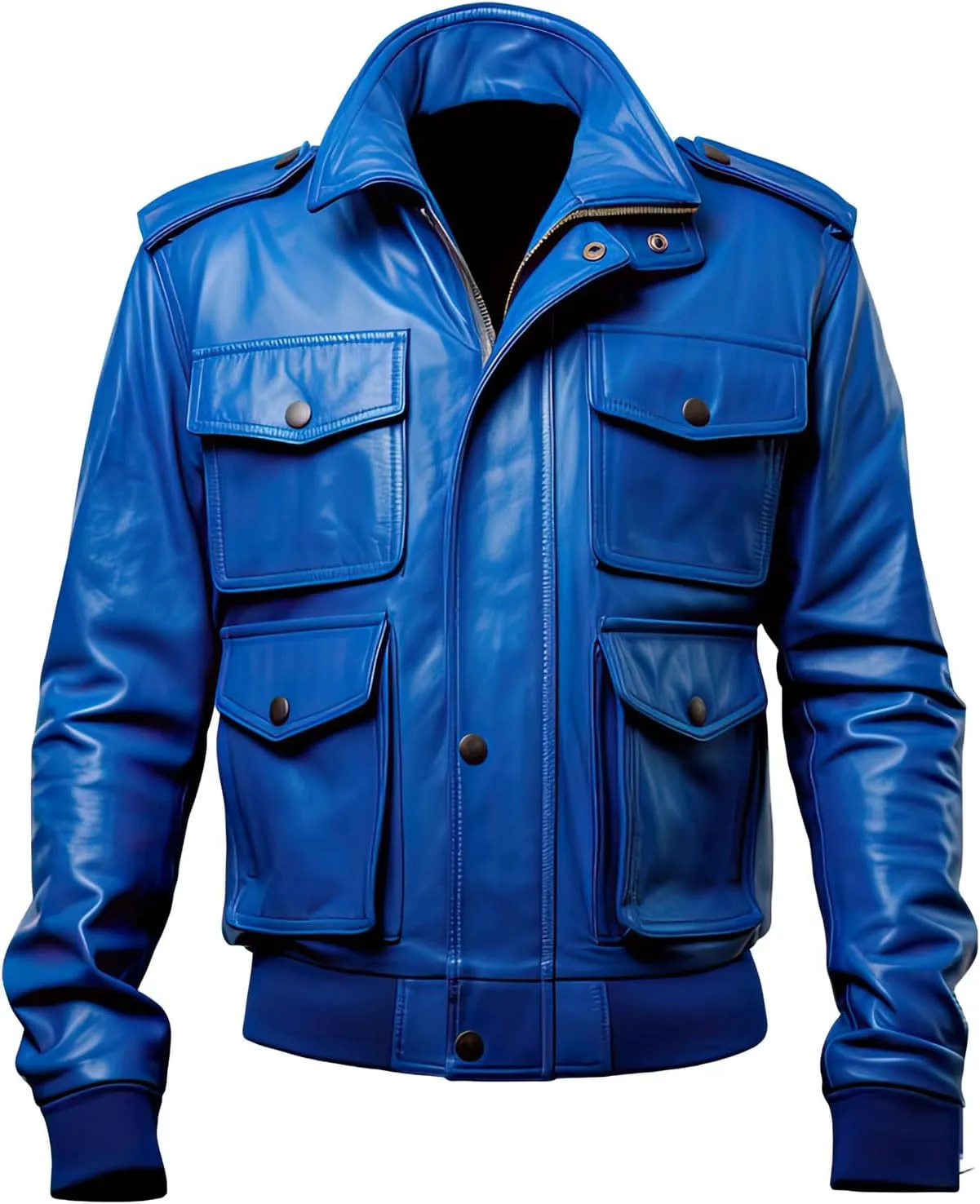 Men's Royal Blue Genuine Sheepskin Bomber Jacket - Classy Military Style with Shirt Collar and Rib Knit