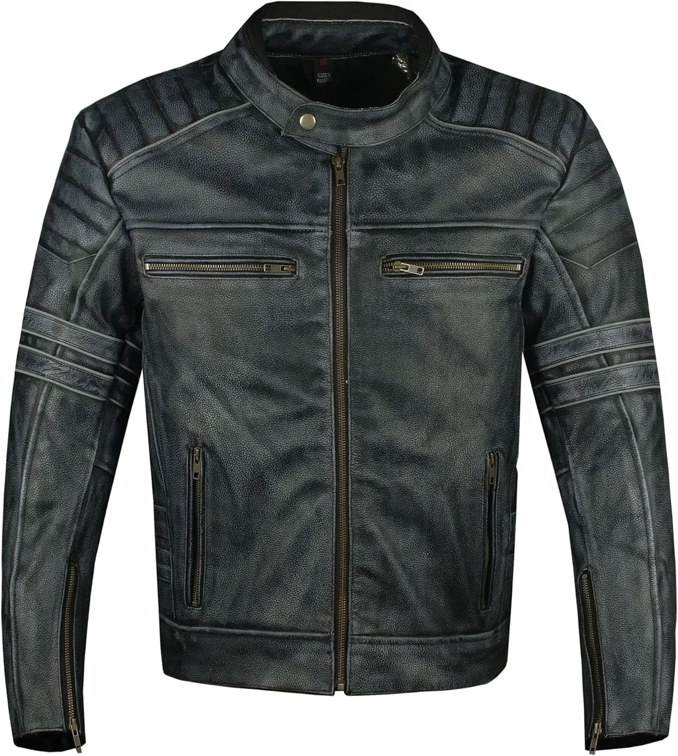 Men's SHADOW Motorcycle Jacket - Distressed Cowhide Leather  Armor High Visibility Vintage Biker Jacket Black XL