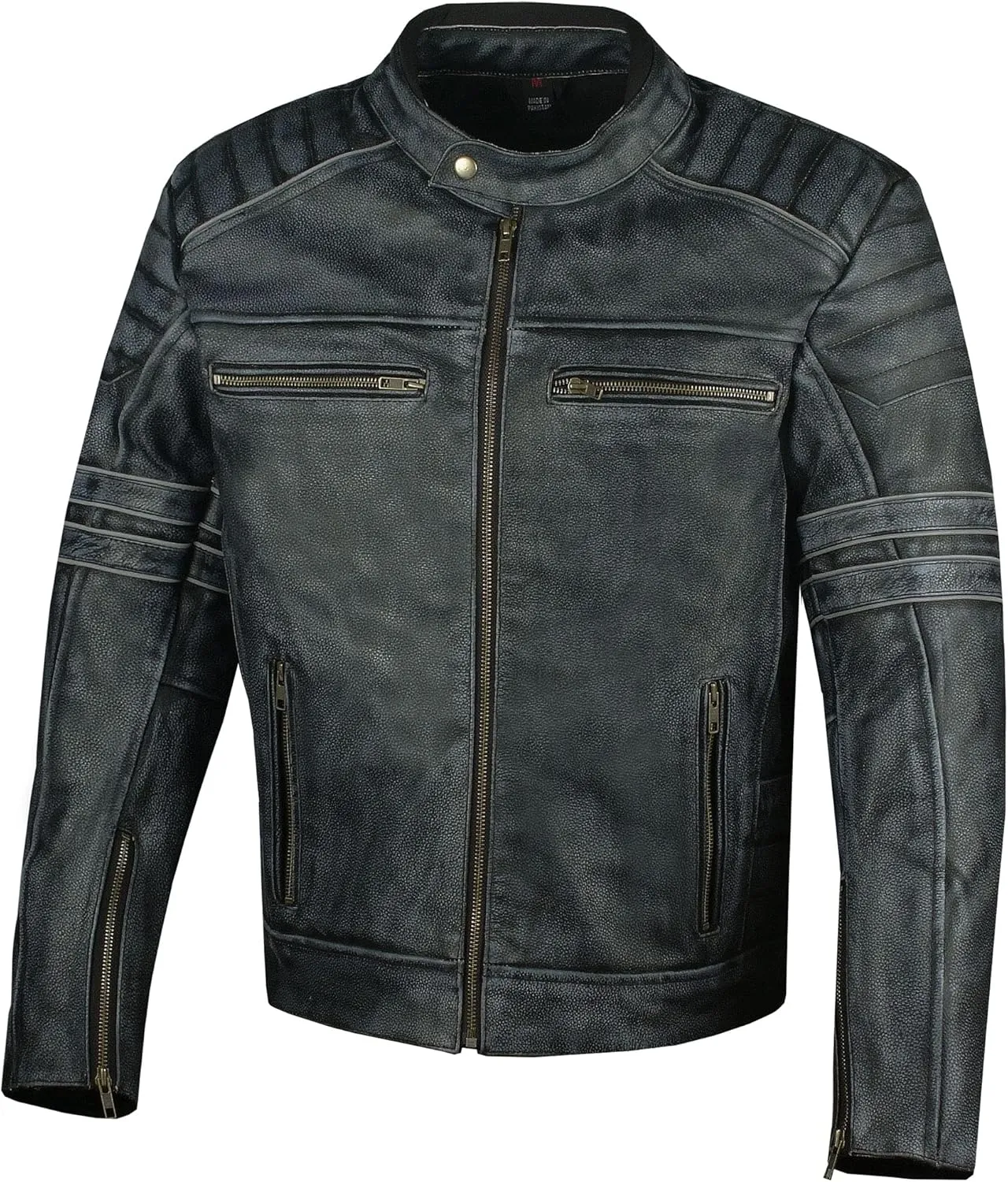 Men's SHADOW Motorcycle Jacket - Distressed Cowhide Leather  Armor High Visibility Vintage Biker Jacket Black XL