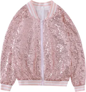 Mowbeat Girls Sequin Jacket Pink Zipper Varsity Jacket for Kids Gold Sparkly Sequin Coat Long Sleeve Glitter Outerwear