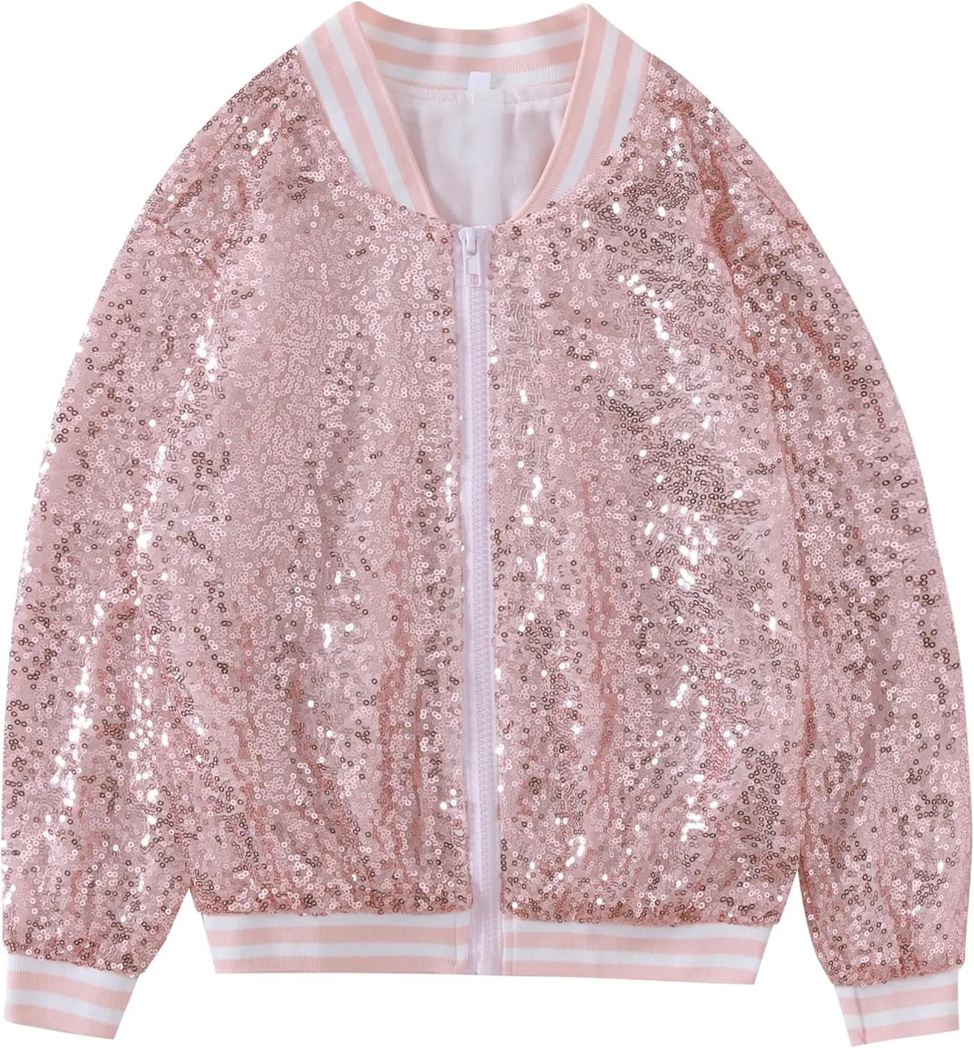 Mowbeat Girls Sequin Jacket Pink Zipper Varsity Jacket for Kids Gold Sparkly Sequin Coat Long Sleeve Glitter Outerwear