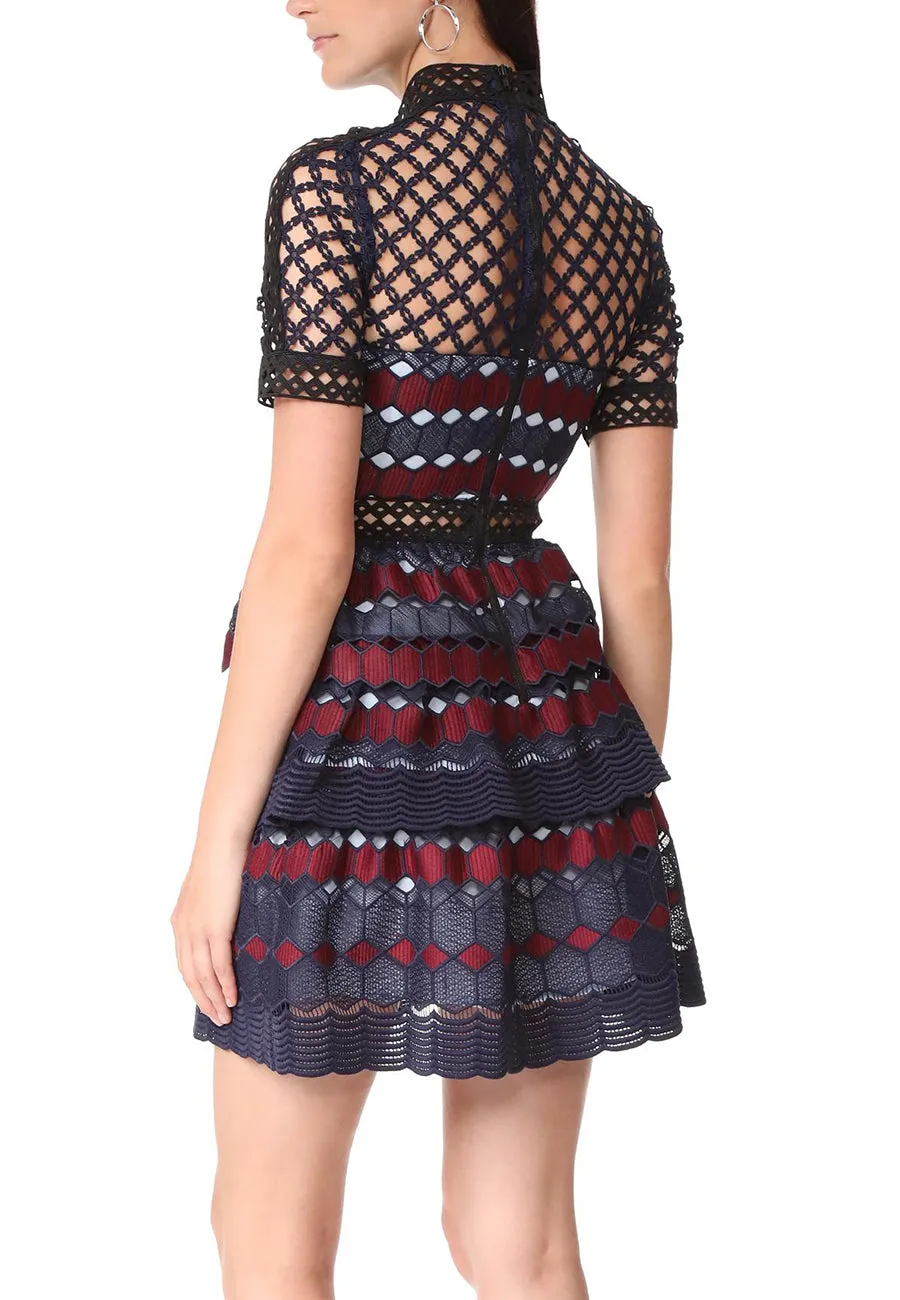 Navy and Red Hexagon Lace Mini Dress