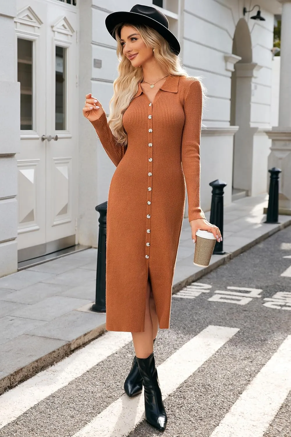 Newshows Womens Fall Sweater Dress 2024 Long Sleeve Oufits Trendy Bodycon Split V Neck Ribbed Knit Button Casual Midi Dresses