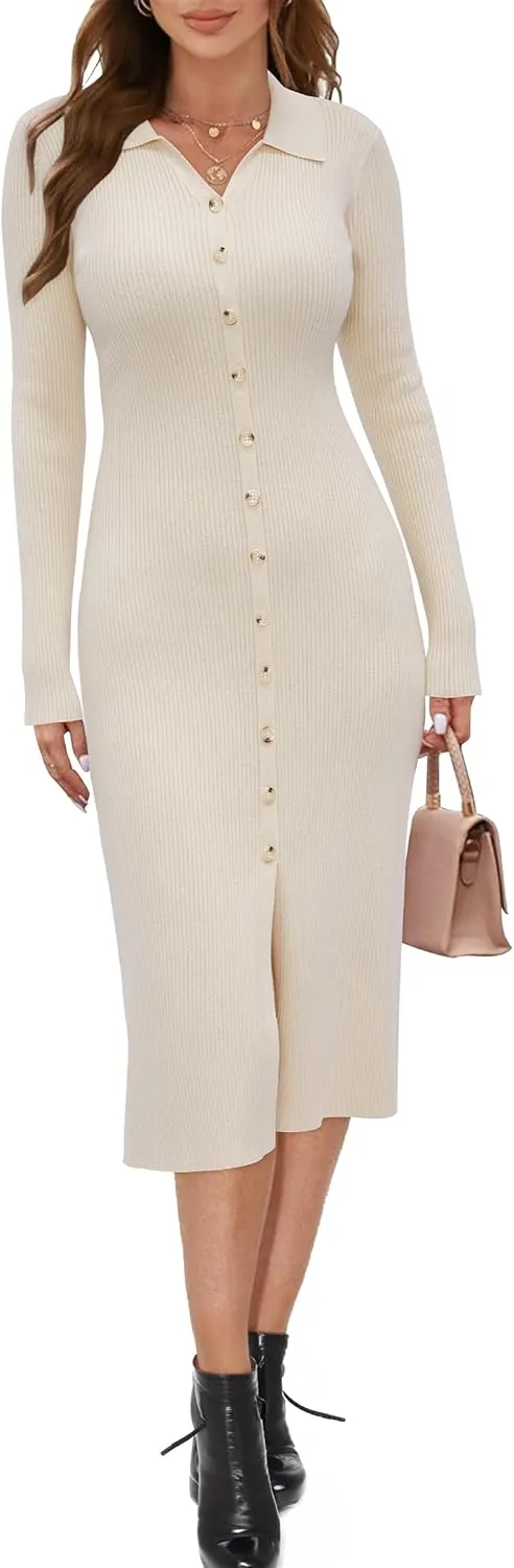 Newshows Womens Fall Sweater Dress 2024 Long Sleeve Oufits Trendy Bodycon Split V Neck Ribbed Knit Button Casual Midi Dresses