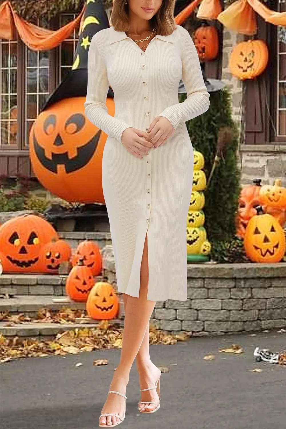 Newshows Womens Fall Sweater Dress 2024 Long Sleeve Oufits Trendy Bodycon Split V Neck Ribbed Knit Button Casual Midi Dresses